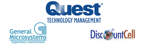 Image of Quest Technology Management logo, General Microsystems logo, and DiscountCell logo.