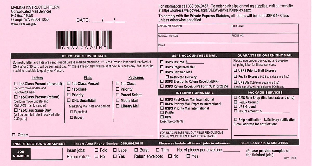 How to use the Mailing Instruction Form or "Pink Slip" Department of