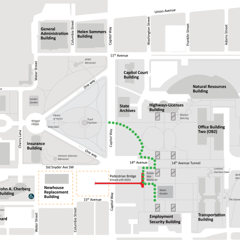 Map showing detour route to bypass pedestrian bridge closure by routing traffic through the crosswalk on Capitol Way.