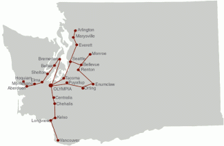 A map of Washington state with lines representing DES' mail delivery routes.