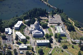 An aerial view of the Washington State Capitol Campus
