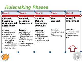 In this phase, DES will consider options leading to a draft rule. This includes stakeholder engagement, consider options for draft rule, develop a draft rule.