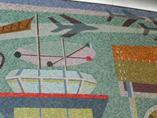 Mural highlight number one shows airplanes and an air traffic control tower