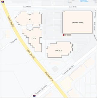 Map showing the key boxes located outside of the parking garage.