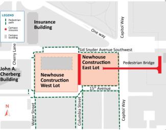Columbia Street closure map showing the area between15th Avenue and Sid Snyder Avenue Southwest that will be closed Aug.1 - Dec. 1, 2023.
