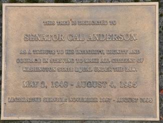 An image of the memorial plaque dedicated to Senator Cal Anderson. Joe Mable https://commons.wikimedia.org/wiki/User:Jmabel  CC Attribution Share Alike 4.0 International