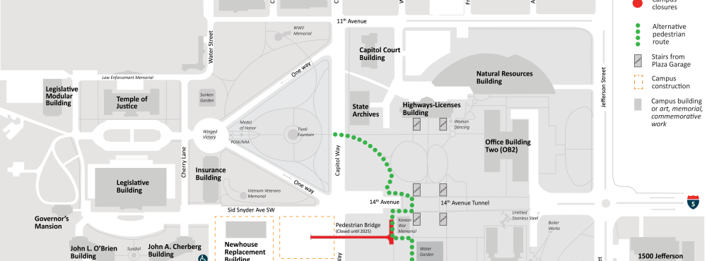 Map showing detour route to bypass pedestrian bridge closure by routing traffic through the crosswalk on Capitol Way.
