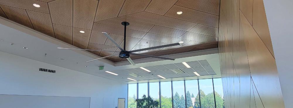 A public works project that has a beautiful geometric wood space in the ceiling