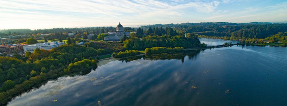 An aerial view of Capitol Lake looking south/southwest