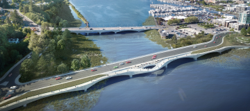 A 5th Avenue Bridge conceptual rendering from an aerial view, showing Capitol Lake flowing into the Budd Inlet.