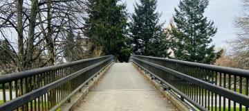 A view across the pedestrian bridge that spans Capitol Way connecting the East and West Capitol Campus in Olympia Washington.