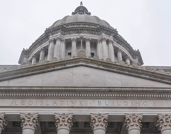 Looking up to the top third of the Washington State Legislative Building from below