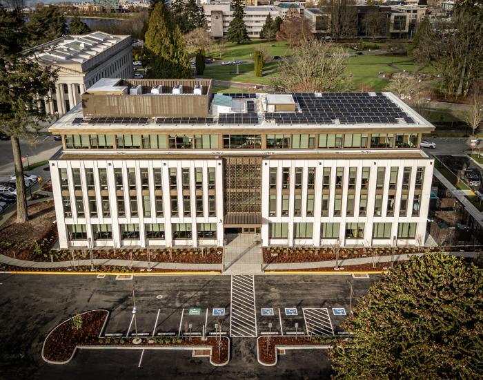 An aerial view of the south side of the Newhouse Building. Parts of the West Campus lawn and the Insurance Building are visible in the background. Photo courtesy of TVW.