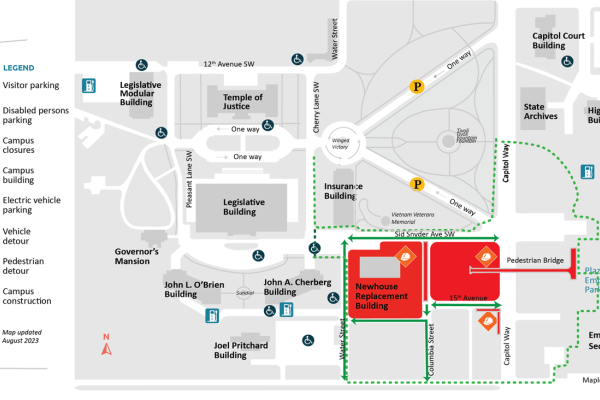 A map showing road closure on Capitol Way at 15th Avenue SW, and 15th AvenueSW on Aug. 29 - Sept. 1, 2023.