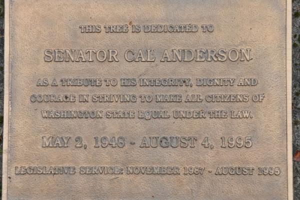 An image of the memorial plaque dedicated to Senator Cal Anderson. Joe Mable https://commons.wikimedia.org/wiki/User:Jmabel  CC Attribution Share Alike 4.0 International
