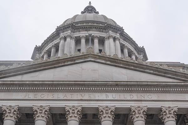 Looking up to the top third of the Washington State Legislative Building from below