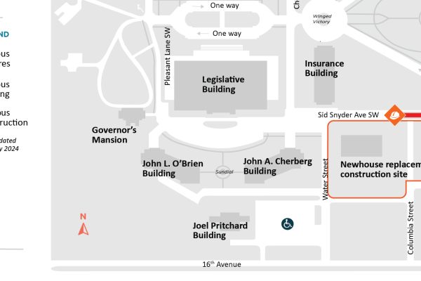 A partial lane closure of Sid Snyder between Capitol Way and Water Street will cause delays on the morning of Feb. 22, 2024