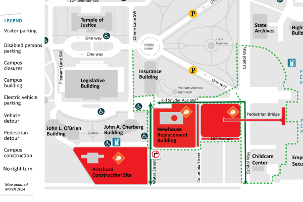 A map showing the closure 15th Avenue Southwest between Capitol Way through the intersection with Columbia Street Southwest.