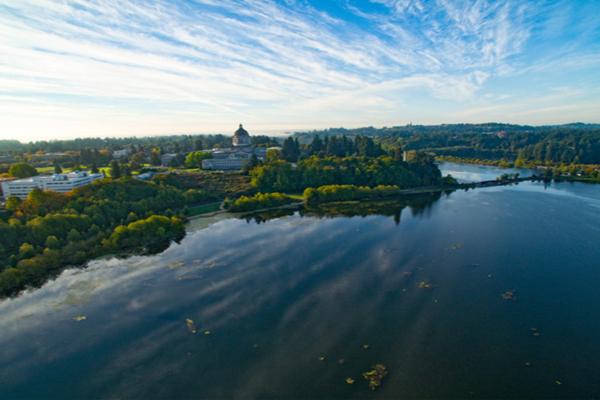 An aerial view of Capitol Lake looking south/southwest