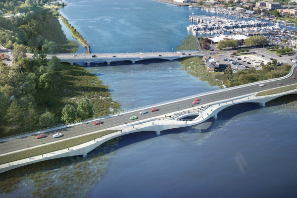 A 5th Avenue Bridge conceptual rendering from an aerial view, showing Capitol Lake flowing into the Budd Inlet.