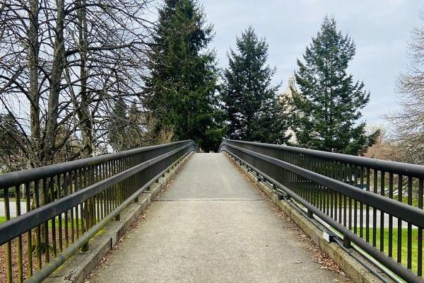 A view across the pedestrian bridge that spans Capitol Way connecting the East and West Capitol Campus in Olympia Washington.